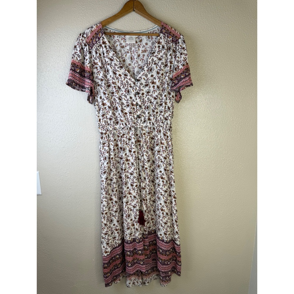 Knox Rose Boho Floral Midi Dress Cream Burgundy Button Front Elastic Waist Sz M